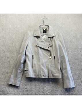 Y2K Bebe Biker Moto Leather Café Racer Jacket Off-White Asymmetrical Wom Sz L